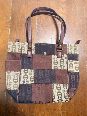 Etienne Aigner Brown Patchwork Tote Bag with Logo Pattern
